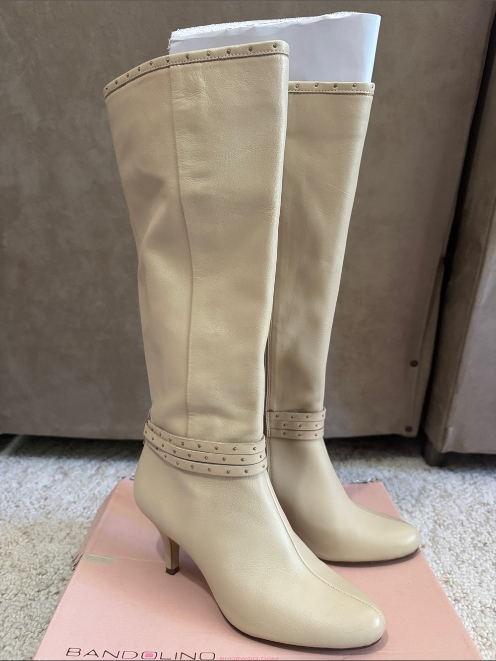 Bandolino Cream Over-the-Knee Leather Boots with Stud Trim
